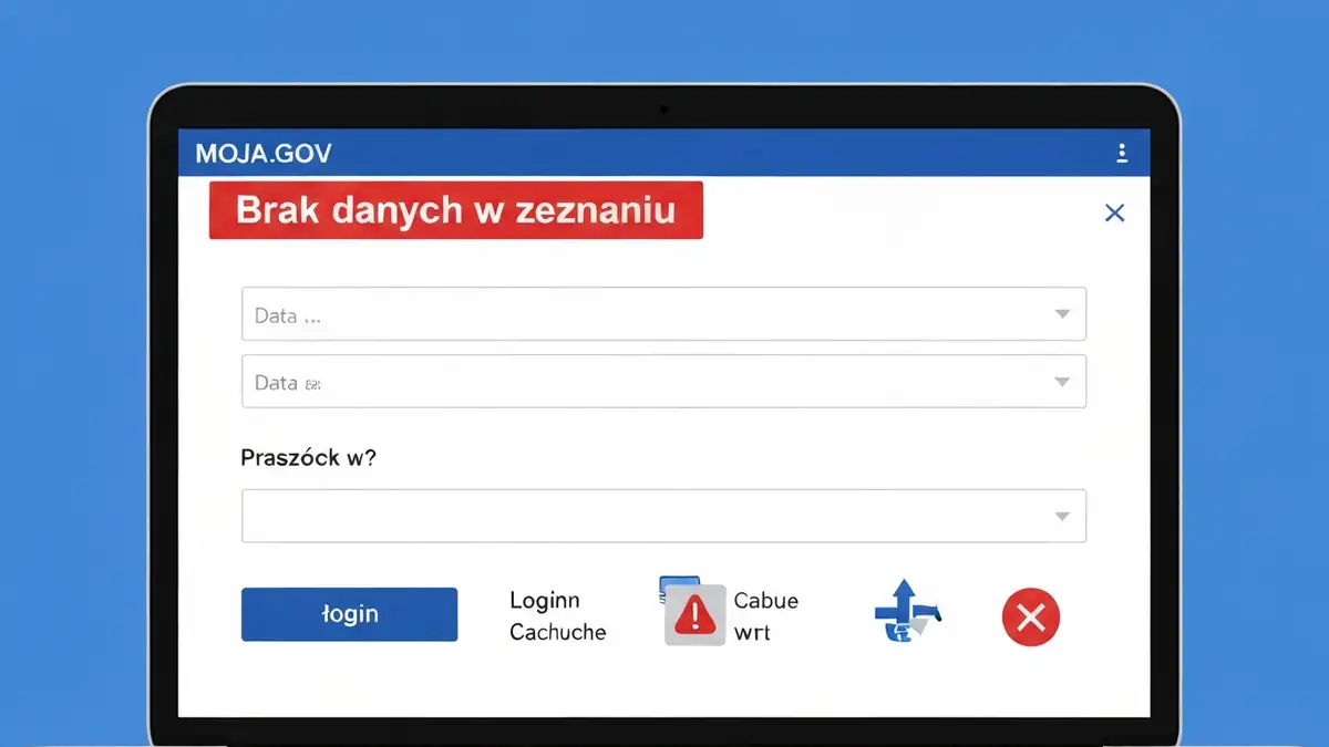 Ekran błędu e-PIT z komunikatem 'Brak danych' i ikonami troubleshootingu
