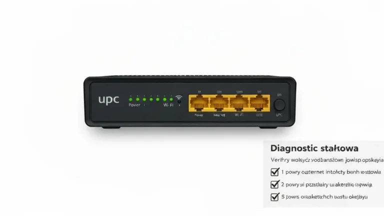 Router UPC z oznaczonymi światłami sieciowymi i portami ethernet podczas diagnostyki internetu