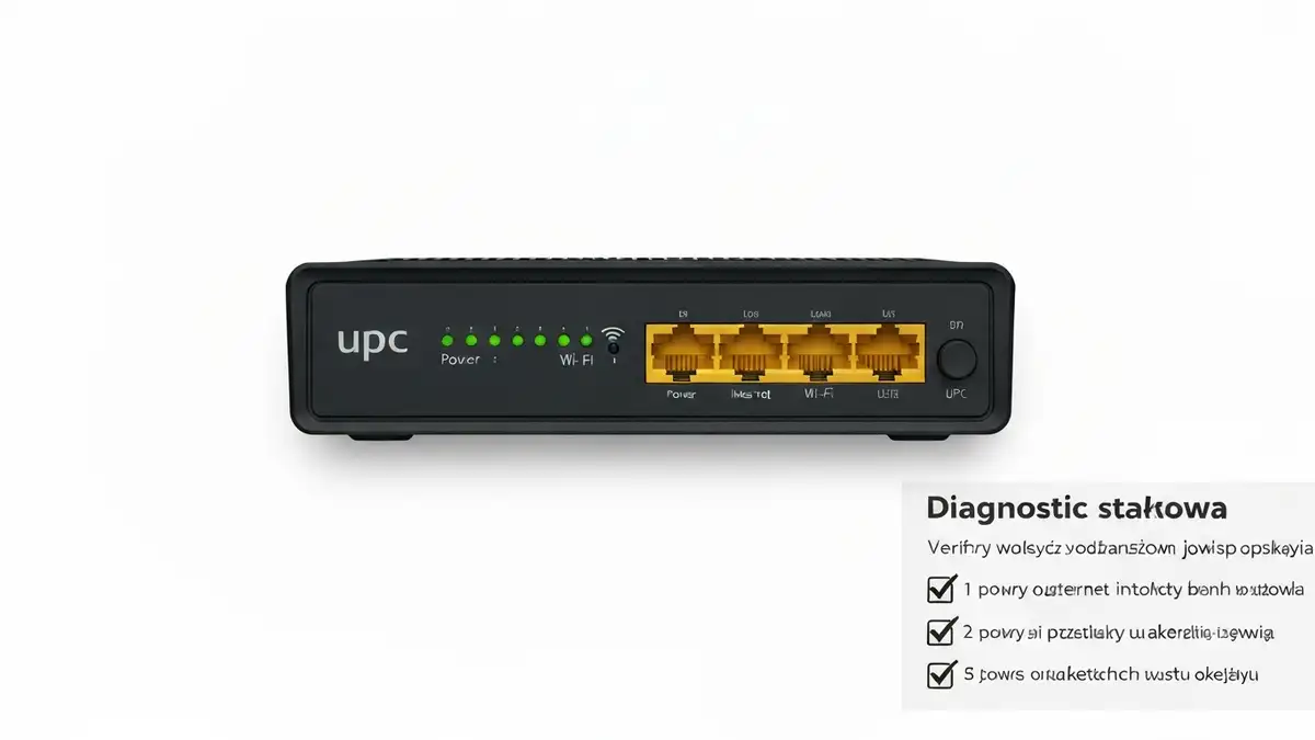 Router UPC z oznaczonymi światłami sieciowymi i portami ethernet podczas diagnostyki internetu