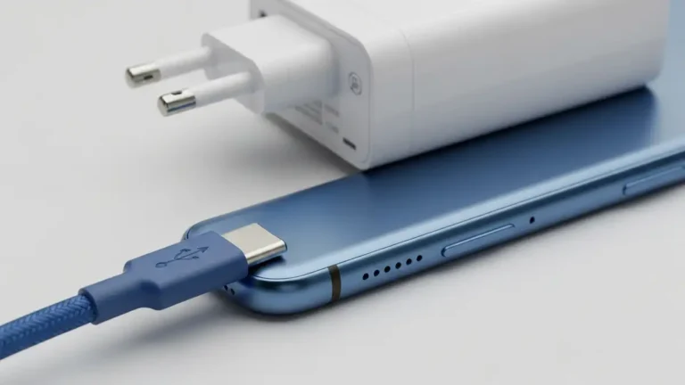 Zbliżenie na port USB-C telefonu z kablem i ładowarką