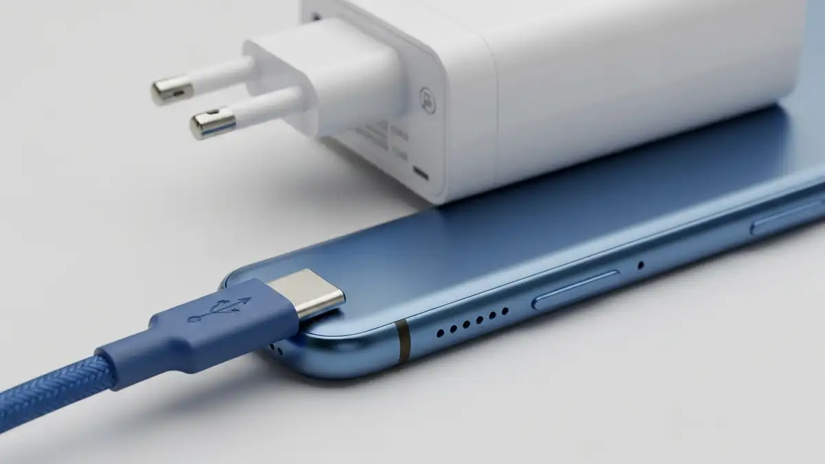 Zbliżenie na port USB-C telefonu z kablem i ładowarką