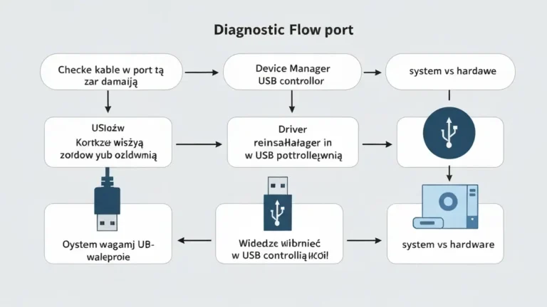 Schemat diagnozowania problemu z USB w Windows - port, kabel, sterowniki
