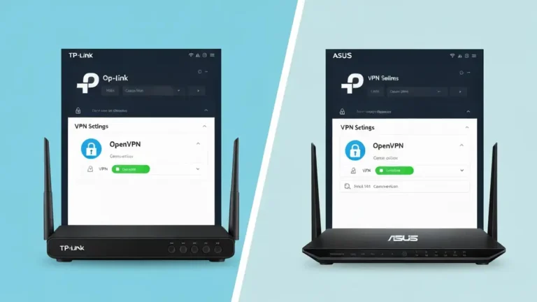 Router TP-Link i ASUS z ikoną VPN, ekran panelu administracyjnego z ustawieniami OpenVPN