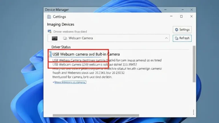Okno Menedżera urządzeń Windows 11 pokazujące kamerę internetową w sekcji Urządzenia obrazowania