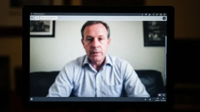 Ekran komputera pokazujący niskiej jakości, piksowany obraz z kamery internetowej podczas połączenia wideo