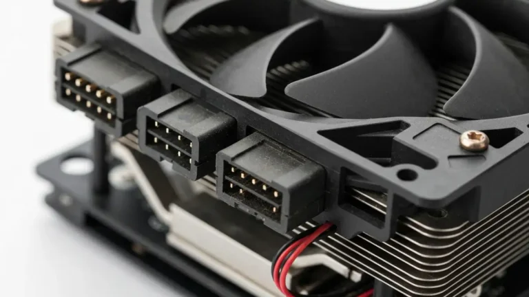 Wentylator CPU odsłonięty pokazujący kurz na łopatkach i złączach zasilania