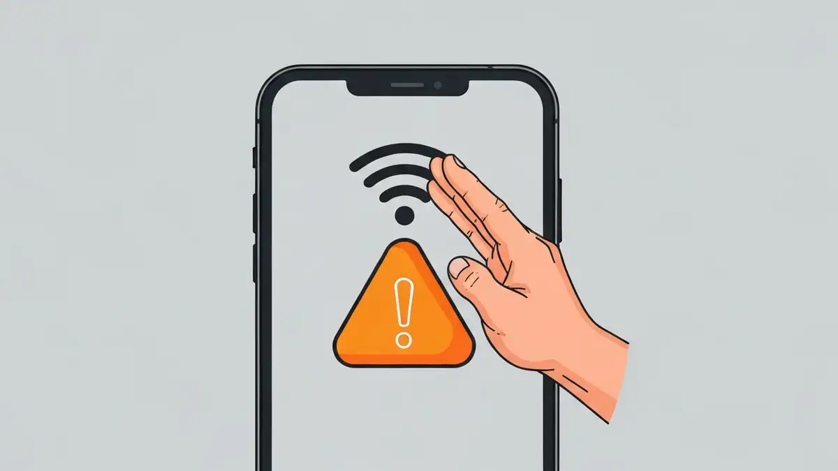 Telefon ze znakiem Wi-Fi i pomarańczowym wykrzyknikiem oznaczający problem z połączeniem sieciowym