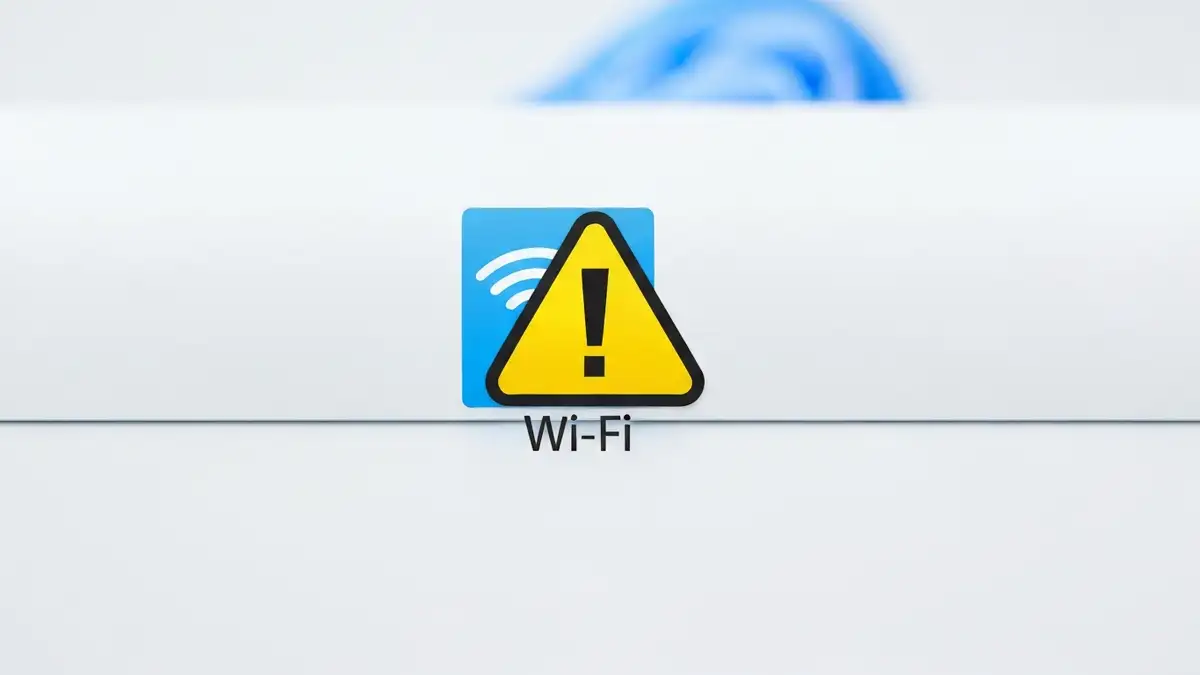 Ikona bez dostępu do internetu WiFi w Windows 11 - żółty trójkąt z wykrzyknikiem na pasku zadań
