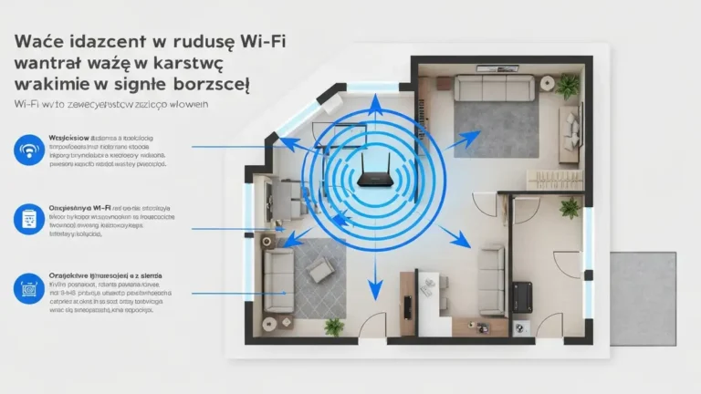 Router w centralnym miejscu mieszkania z zaznaczonymi strzałkami rozprzestrzeniania się sygnału WiFi