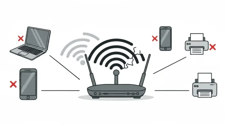 Router WiFi z sygnałami fal radiowych i ikonami urządzeń tracących połączenie