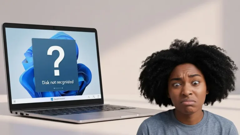 Komputer ze znakami zapytania wokół dysku twardego - Windows 11 nie rozpoznaje dysku