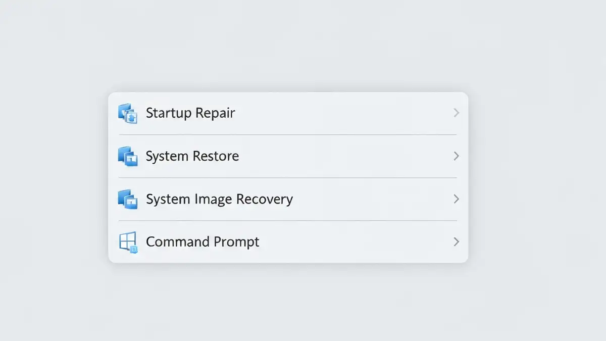 Ekran Windows Recovery Mode z dostępnymi opcjami naprawy: Startup Repair, System Restore, System Image Recovery, Command Prompt