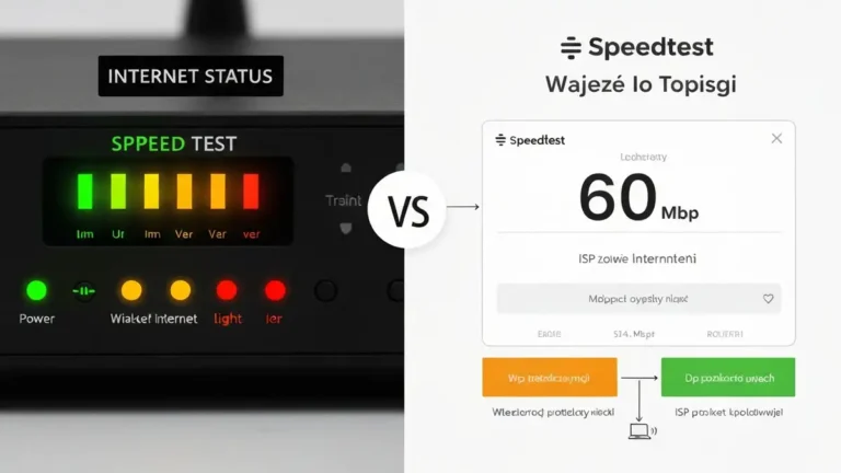 Diagram pokazujący porównanie prędkości łącza integracyjnej (100 Mbps) a rzeczywistej prędkości internetu (20 Mbps) na przykładzie routera WiFi i testów online