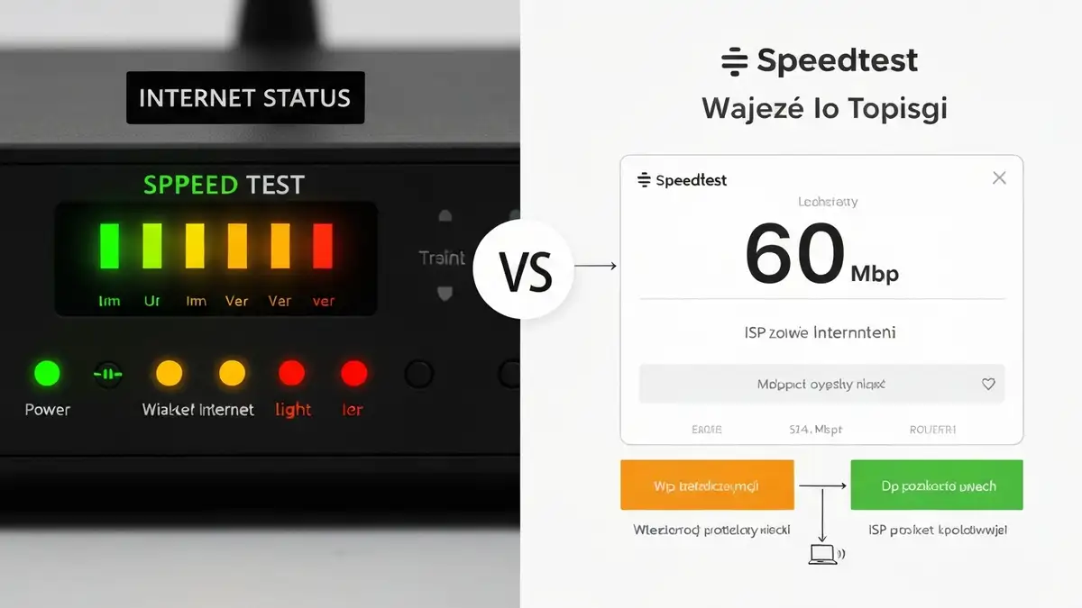 Diagram pokazujący porównanie prędkości łącza integracyjnej (100 Mbps) a rzeczywistej prędkości internetu (20 Mbps) na przykładzie routera WiFi i testów online