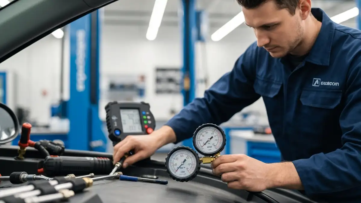 Mechanik diagnostycznie sprawdza system klimatyzacji samochodu, pomiar ciśnienia w systemie