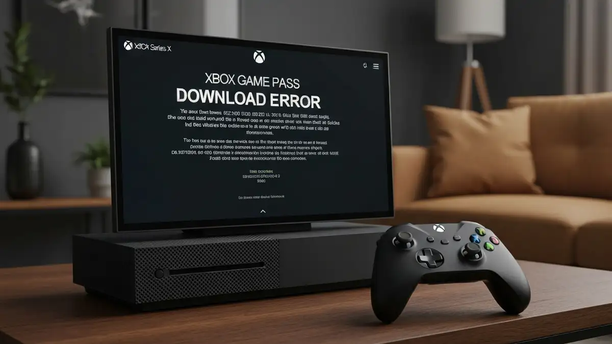 Ekran Xbox Game Pass ze statusem błędu pobierania gry, komunikat o błędzie pobierania