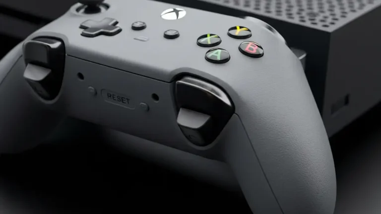 Xbox kontroler bezprzewodowy z przyciskiem reset na tylnej obudowie, konsola Xbox w tle