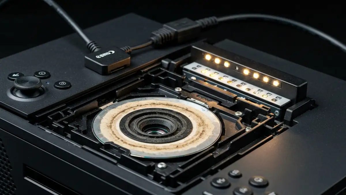 Xbox Series X z otwartym napędem optycznym i brudną płytą Blu-ray