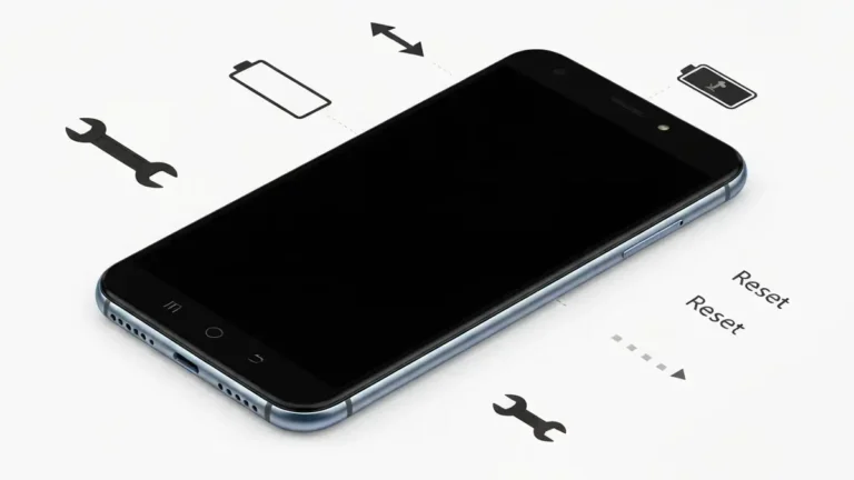Telefon Xiaomi z czarnym ekranem i ikonami procedur naprawy wokół niego
