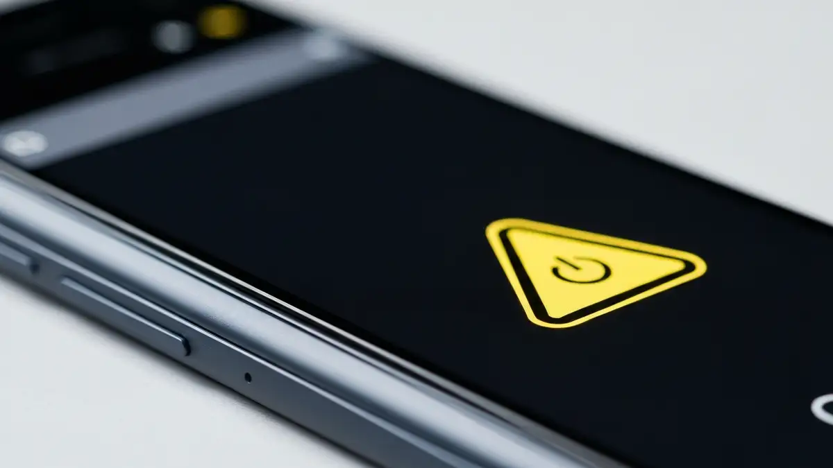 Smartfon Xiaomi z czarnym ekranem i ikoną ostrzeżenia, przycisk zasilania w zbliżeniu