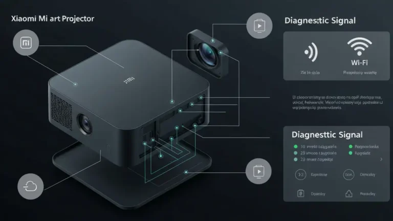 Xiaomi projektor Mi Smart z ikonami WiFi i signału, otoczony symbolami diagnostyki sieci