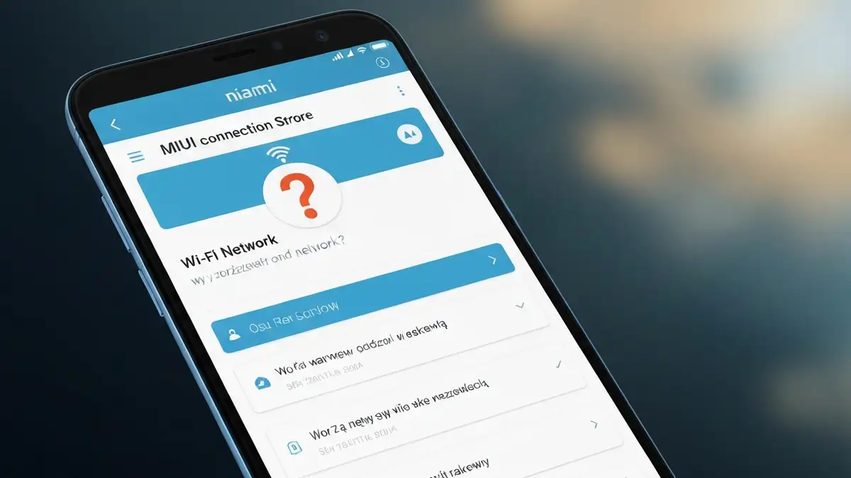Telefon Xiaomi z ikoną Wi-Fi i znakiem zapytania, ekran MIUI pokazujący ustawienia sieciowe