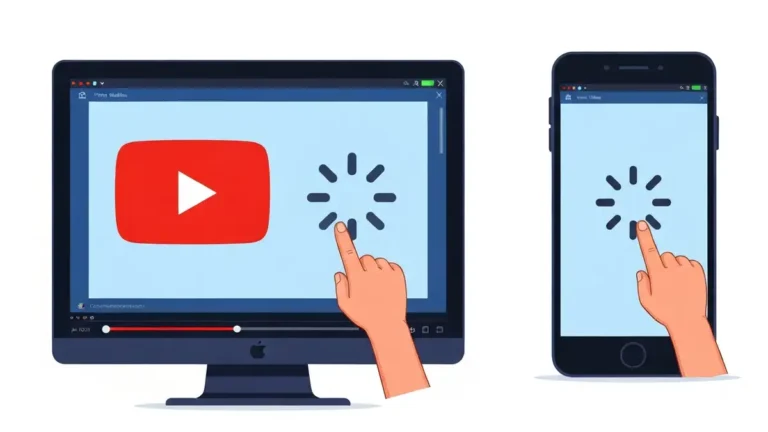 Ekran pokazujący YouTube z wideo ładującym się wolno, z symbolem błędu lub kręcącym się wskaźnikiem ładowania, na tle pulpitu lub telefonu