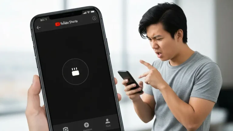 Ekran smartfona Android z błędem ładowania YouTube Shorts - czarny ekran z ikoną błędu