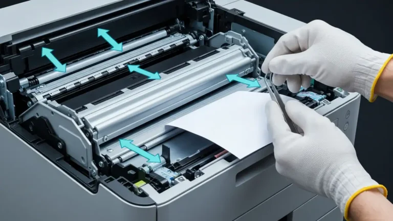 Drukarka laserowa z otwartymi panelami dostępu pokazująca przebieg papieru i miejsca zacięcia