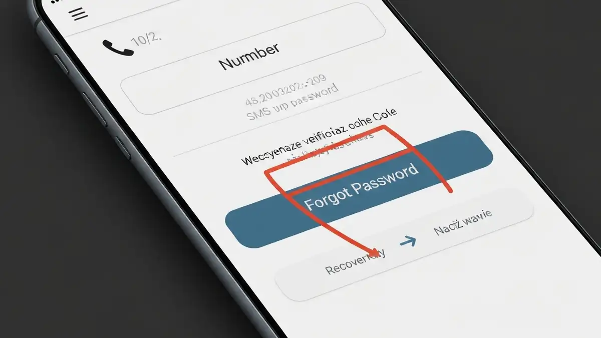 Ekran aplikacji mobilnej z opcją 'Zapomniałem hasła' i polem do wpisania numeru telefonu