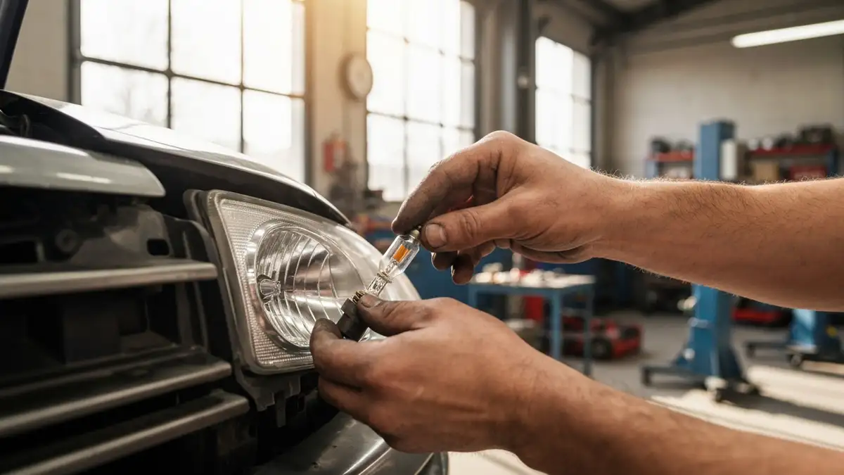 Wymiana przepalonej żarówki samochodowej – ręce mechanika wyjmują żarówkę z reflektora