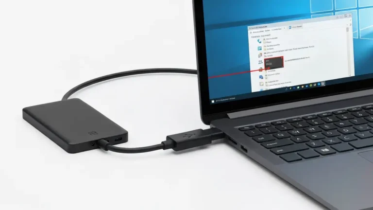 Zewnętrzny dysk SSD podłączony do portu USB komputera z systemem Windows, pokazujący brak rozpoznania w Menedżerze urządzeń